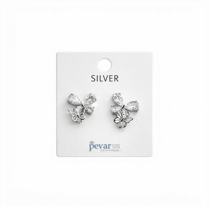 Silver butterfly earrings on a Pevar branded card 