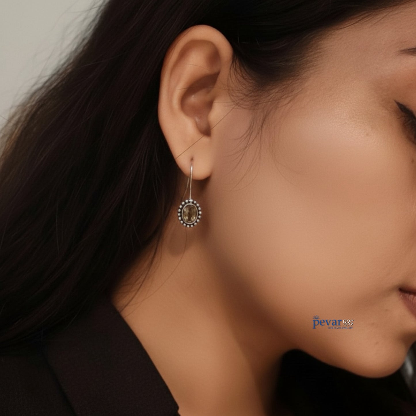 Silver Light Brown Stone Hoop Earrings