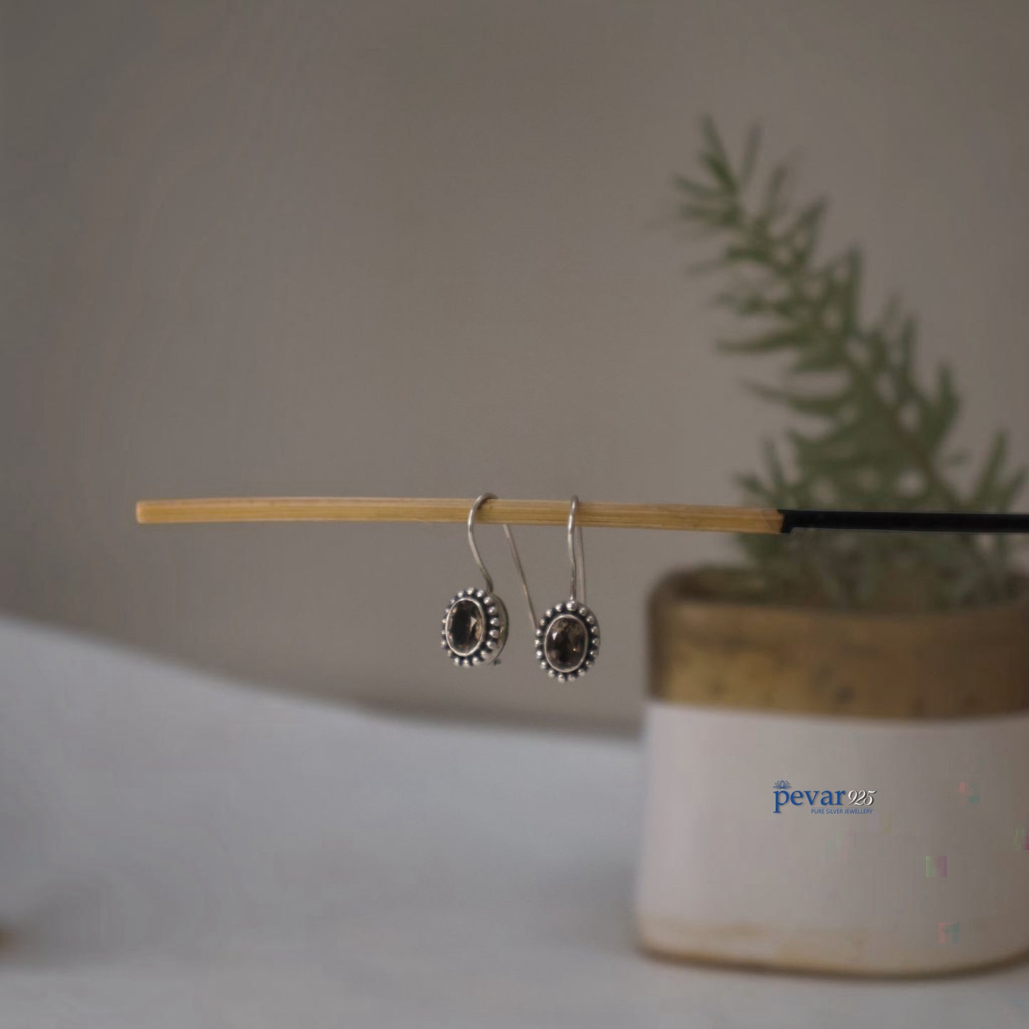 Silver Light Brown Stone Hoop Earrings