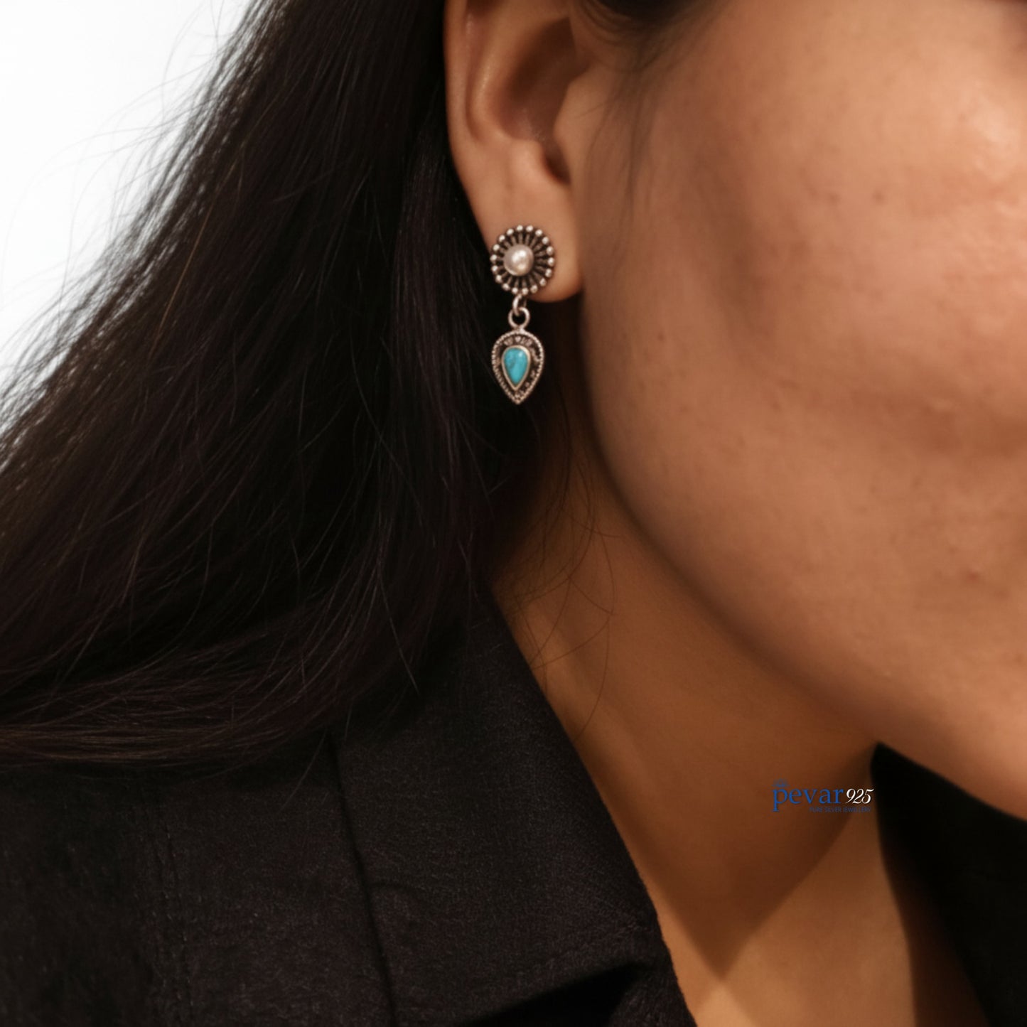 Oxidized Silver Turquoise Pearl Elegance Earrings
