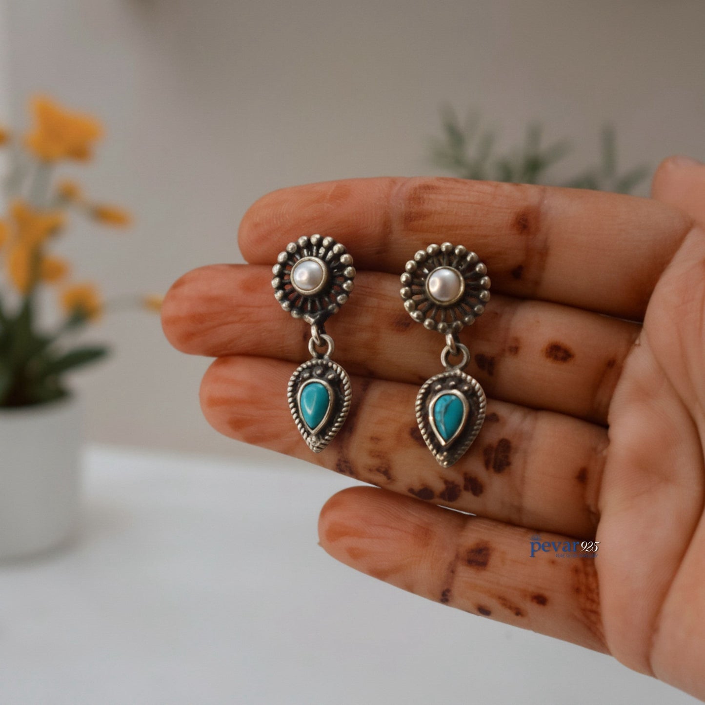 Oxidized Silver Earrings Turquoise Drop with Pearl Motif