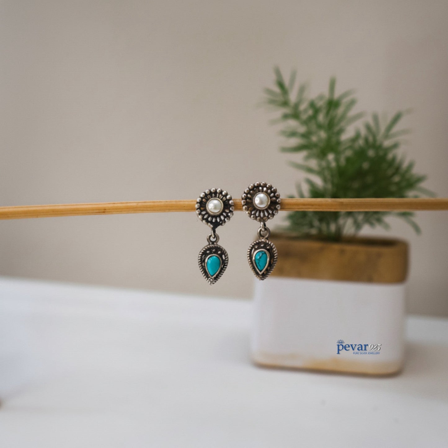 Oxidized Silver Earrings Turquoise Drop with Pearl Motif