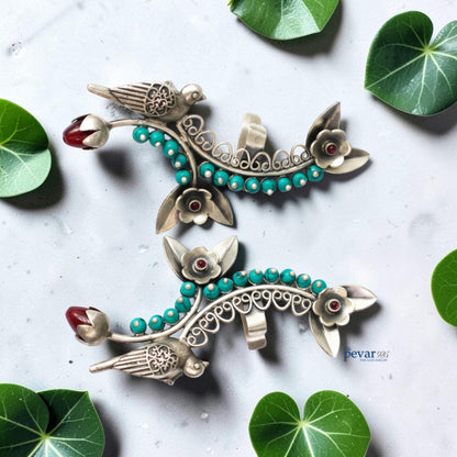 Oxidized Silver Sparrow Green Ear Cuffs