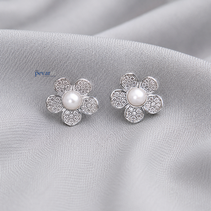 Sterling Sliver White Pearl Flower Earrings