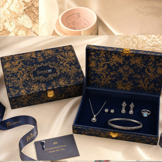 pevar925 blue and gold jewelry box with intricate floral patterns, open to display silver necklace, earrings, and ring