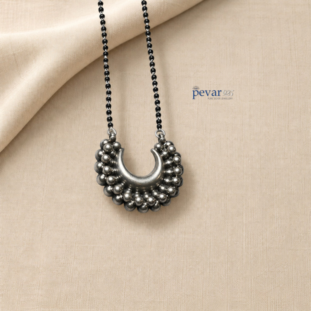 pevar925 oxidized 925 sterling silver mangalsutra with black beads and a crescent-shaped beaded pendant