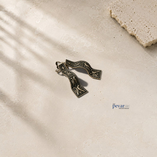pevar925 oxidized 925 silver angled earrings featuring intricate bird motifs and a vintage antique finish.