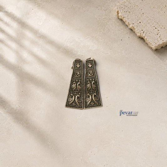 pevar925 oxidized 925 silver angled earrings featuring intricate bird motifs and vintage antique finish