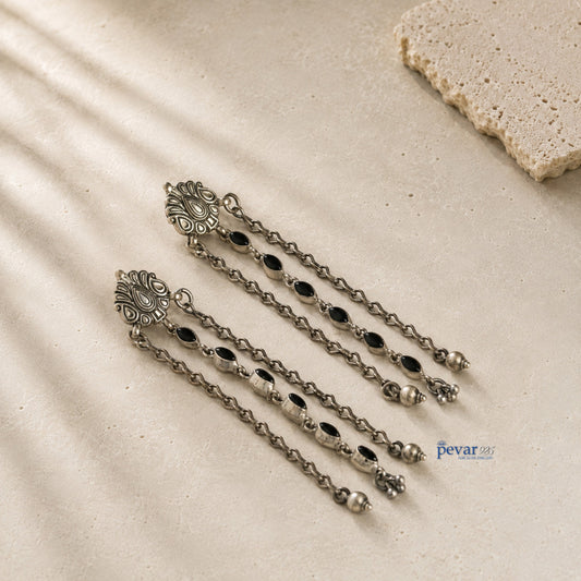 pevar925 oxidized 925 sterling silver dangler earrings with black oval stones, floral motifs, and hanging chains.