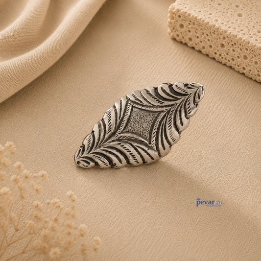 pevar925 oxidized silver adjustable ring with intricate diamond motif and floral chitai engraving on beige background