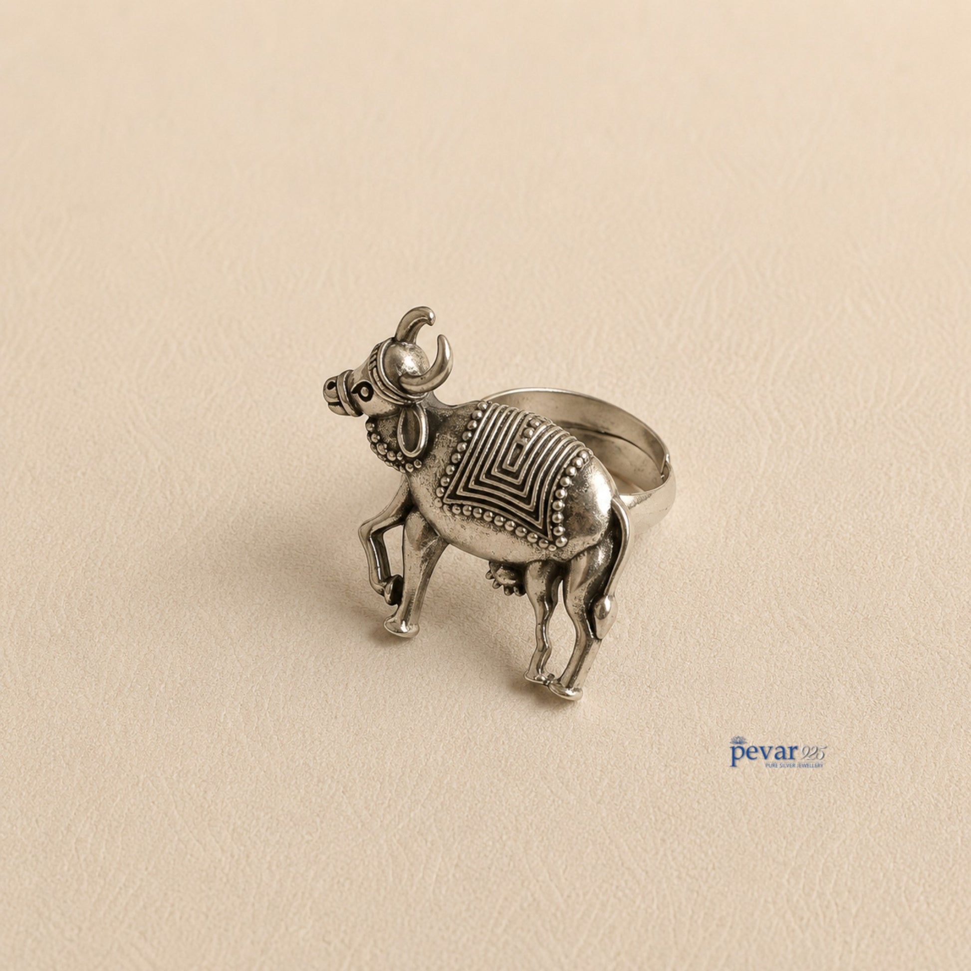 pevar925 handcrafted oxidized sterling silver adjustable ring featuring a detailed sculptural cow motif