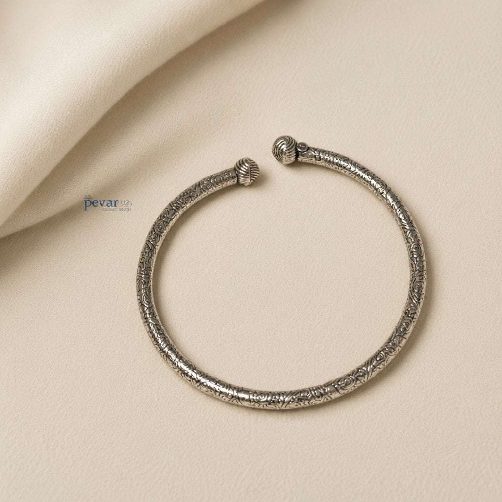 pevar925 oxidized 925 sterling silver kada anklet with intricate traditional engravings and adjustable open-ended design