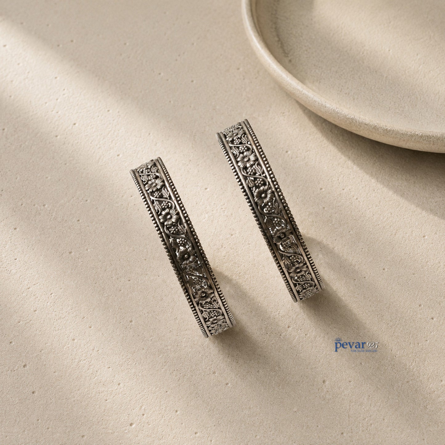 pevar925 oxidized 925 sterling silver bangles with intricate floral vine engravings and beaded rim details