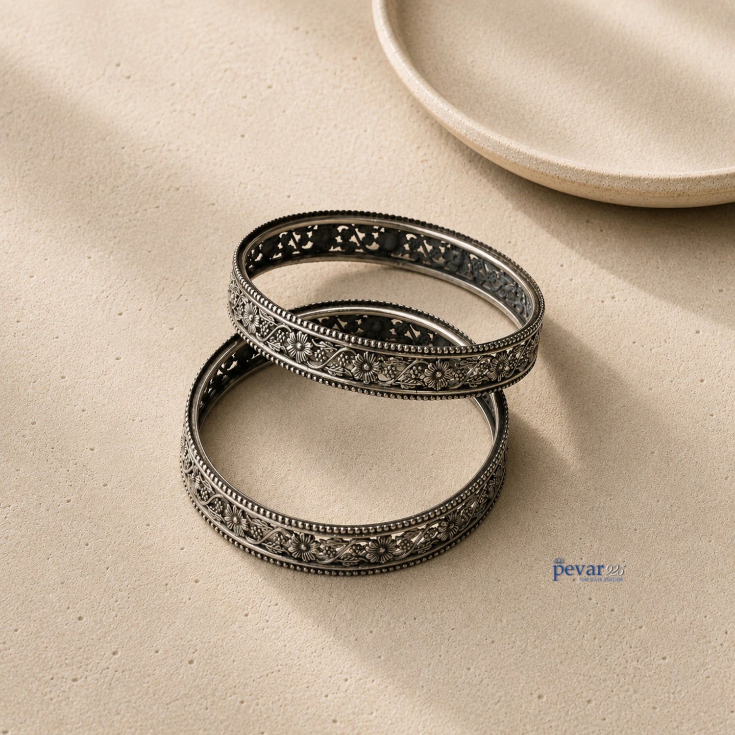 pevar925 oxidized 925 sterling silver bangles featuring intricate floral vine engravings and a beaded rim
