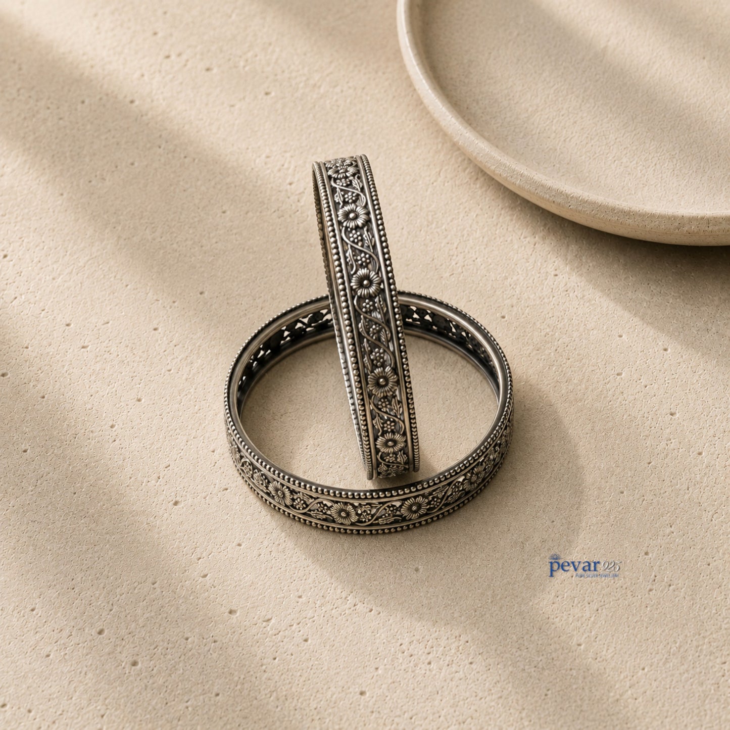 pevar925 oxidized 925 sterling silver bangle featuring intricate floral vine engravings and a beaded rim design