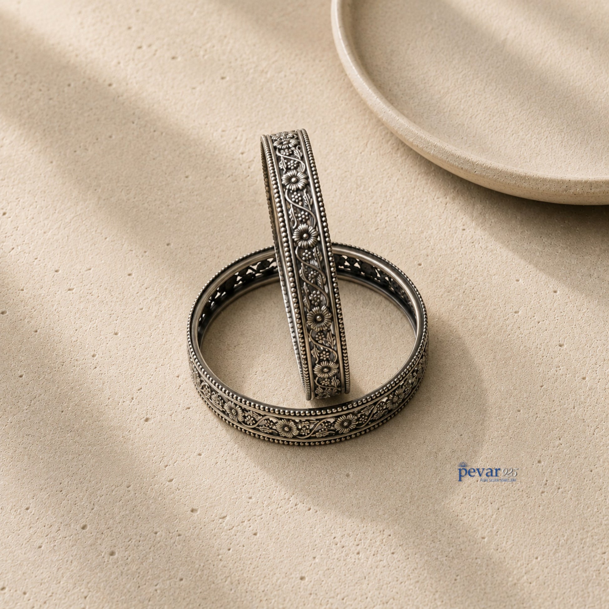 pevar925 oxidized 925 sterling silver bangle featuring intricate floral vine engravings and a beaded rim design