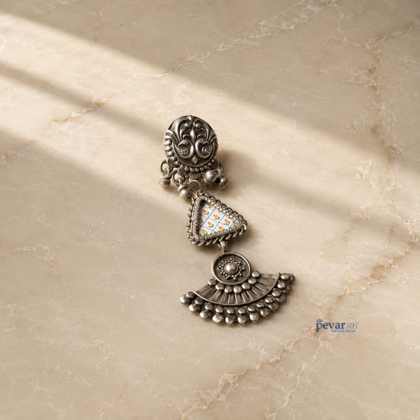 pevar925 oxidized 925 silver drop earrings featuring a triangular floral painting motif and vintage ethnic design.