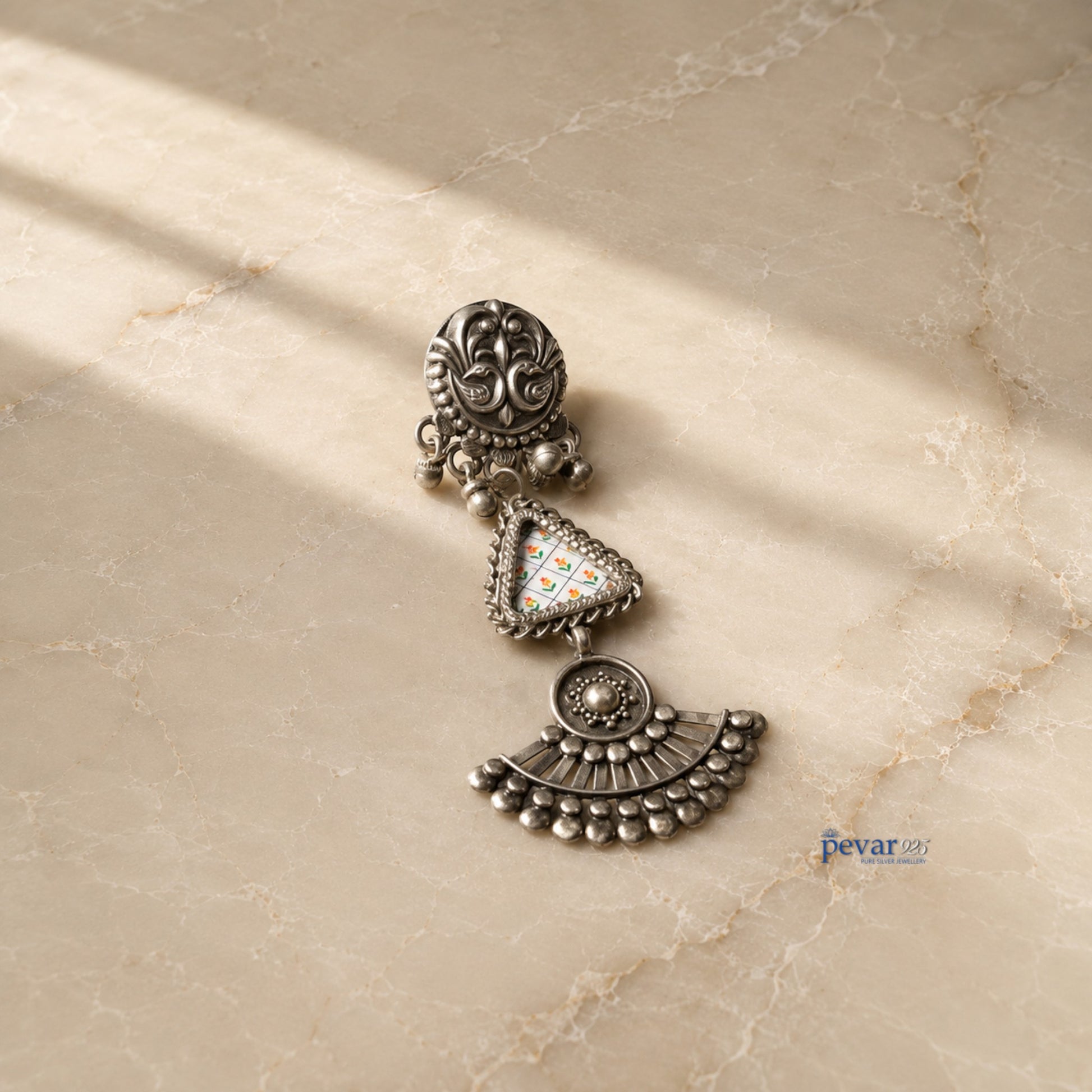 pevar925 oxidized 925 silver drop earrings featuring a triangular floral painting motif and vintage ethnic design.