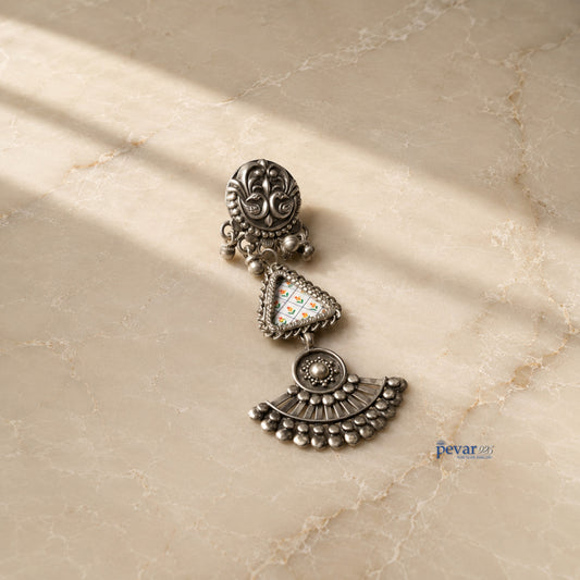 pevar925 oxidized 925 silver drop earrings featuring a triangular floral painting motif and vintage ethnic design.