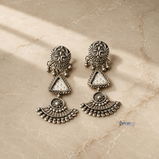 pevar925 oxidized 925 silver drop earrings featuring hand-painted floral motifs and traditional ethnic design.