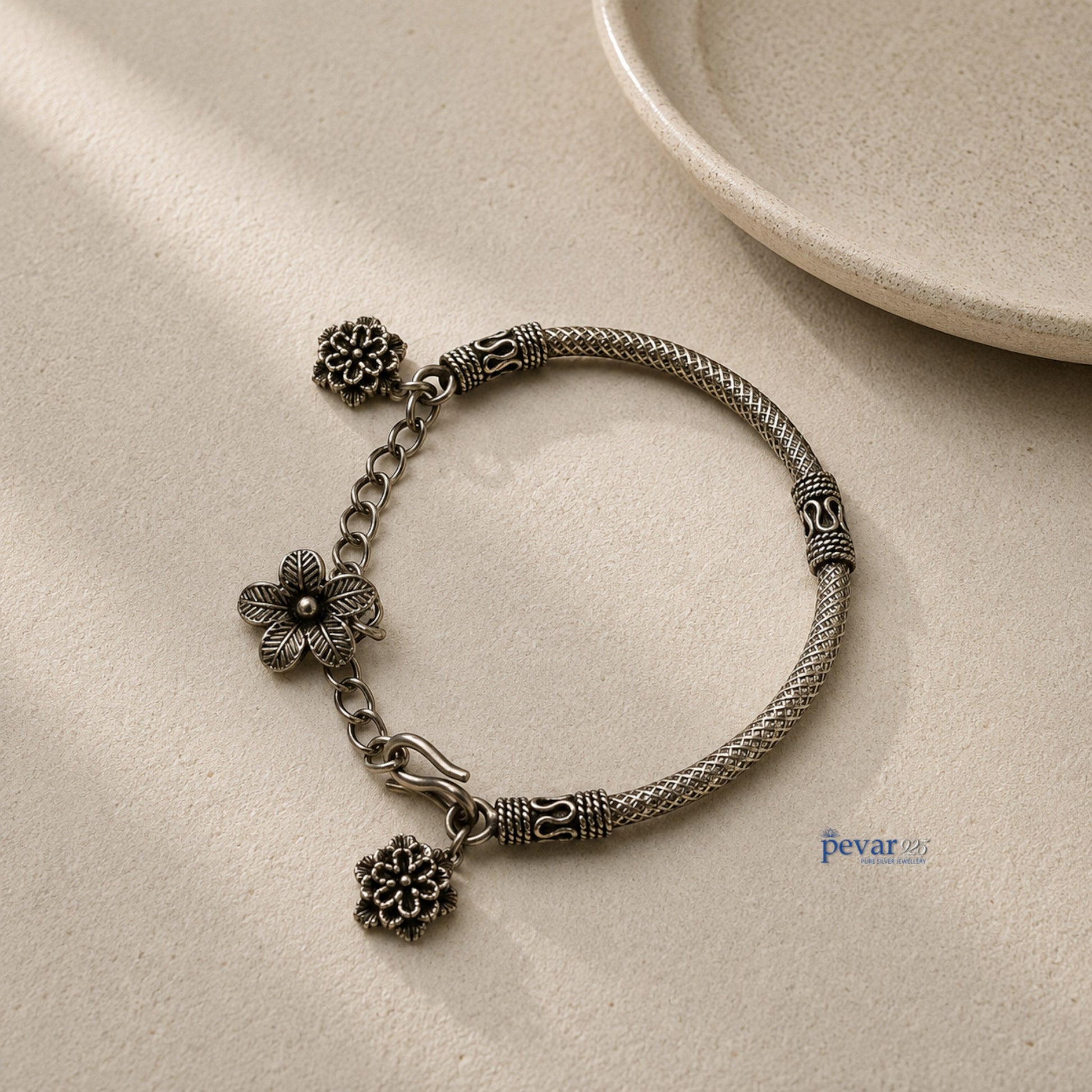 pevar925 oxidized 925 sterling silver kada bracelet with delicate floral charms and intricate chain detailing