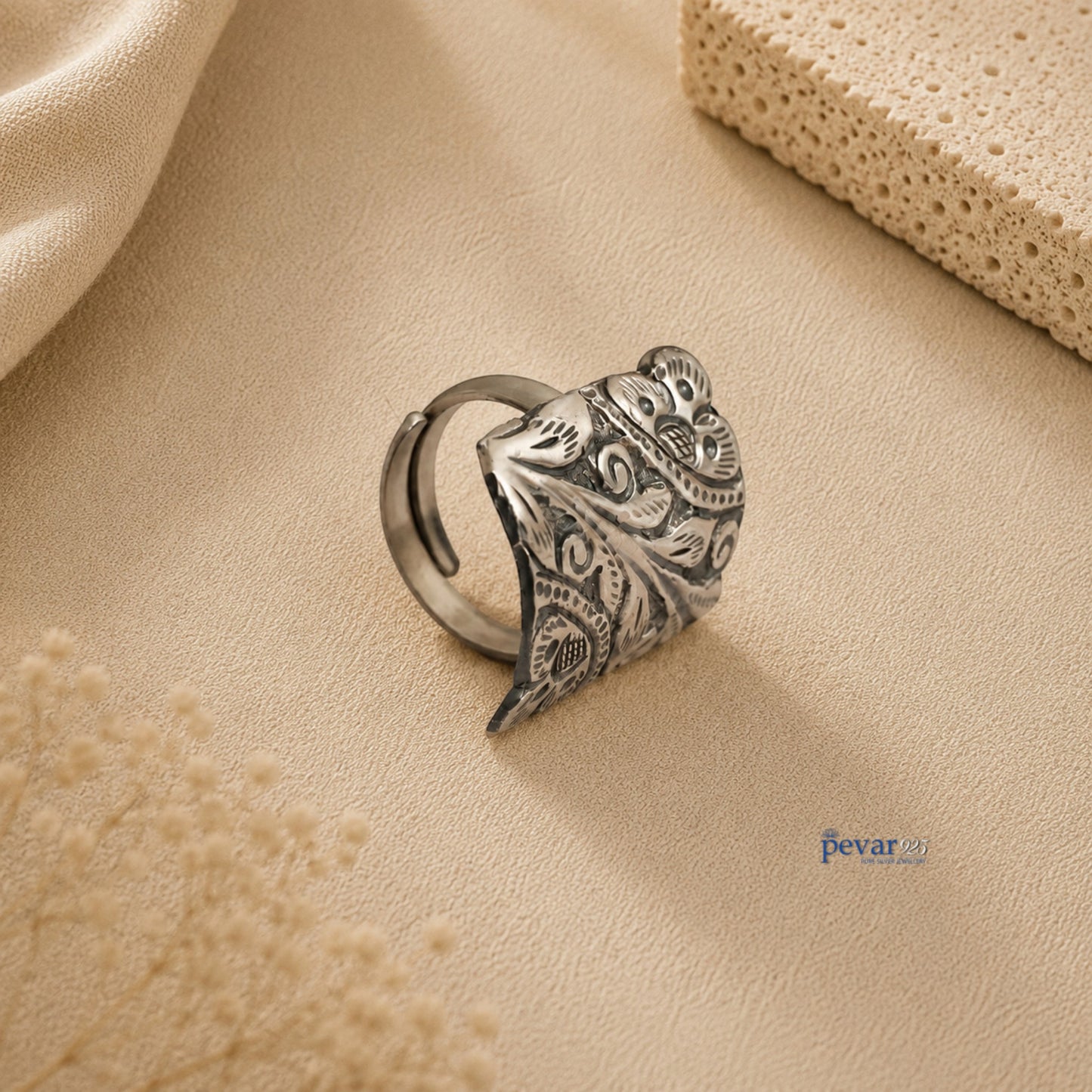 pevar925 oxidized silver adjustable ring featuring a rectangular top with intricate floral chitai engraving