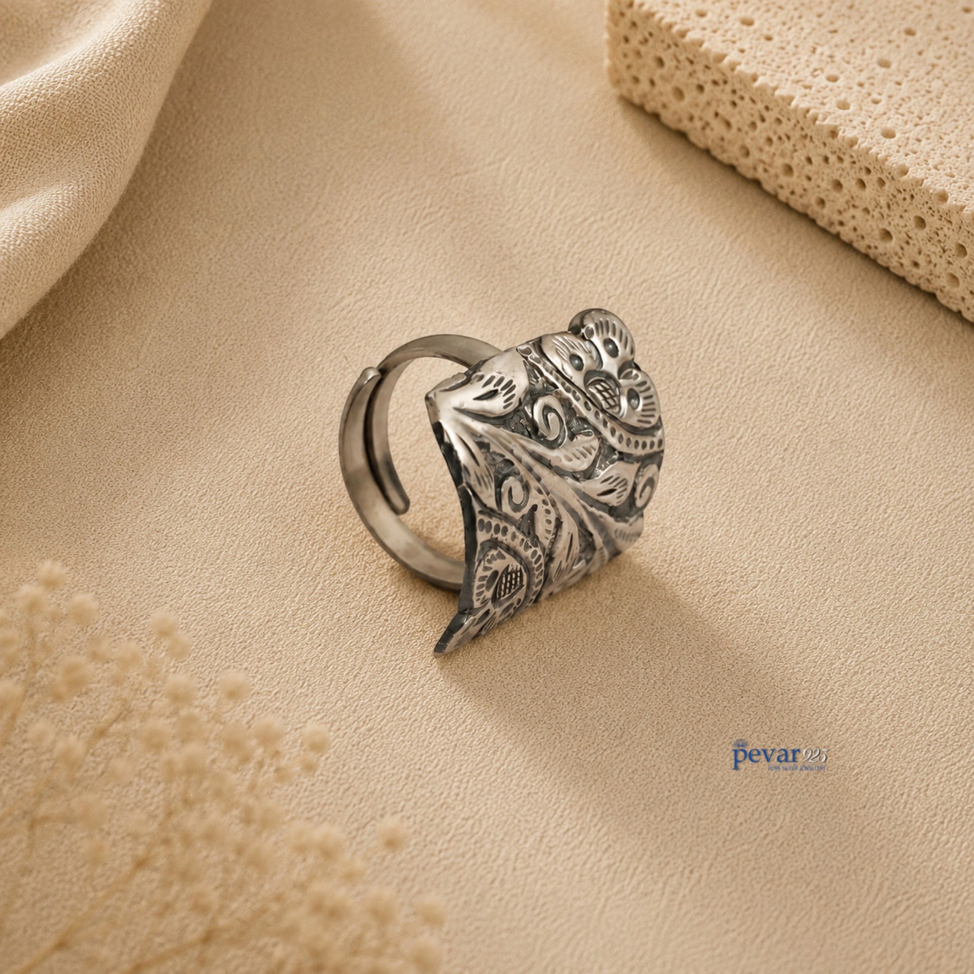 pevar925 oxidized silver adjustable ring featuring a rectangular top with intricate floral chitai engraving