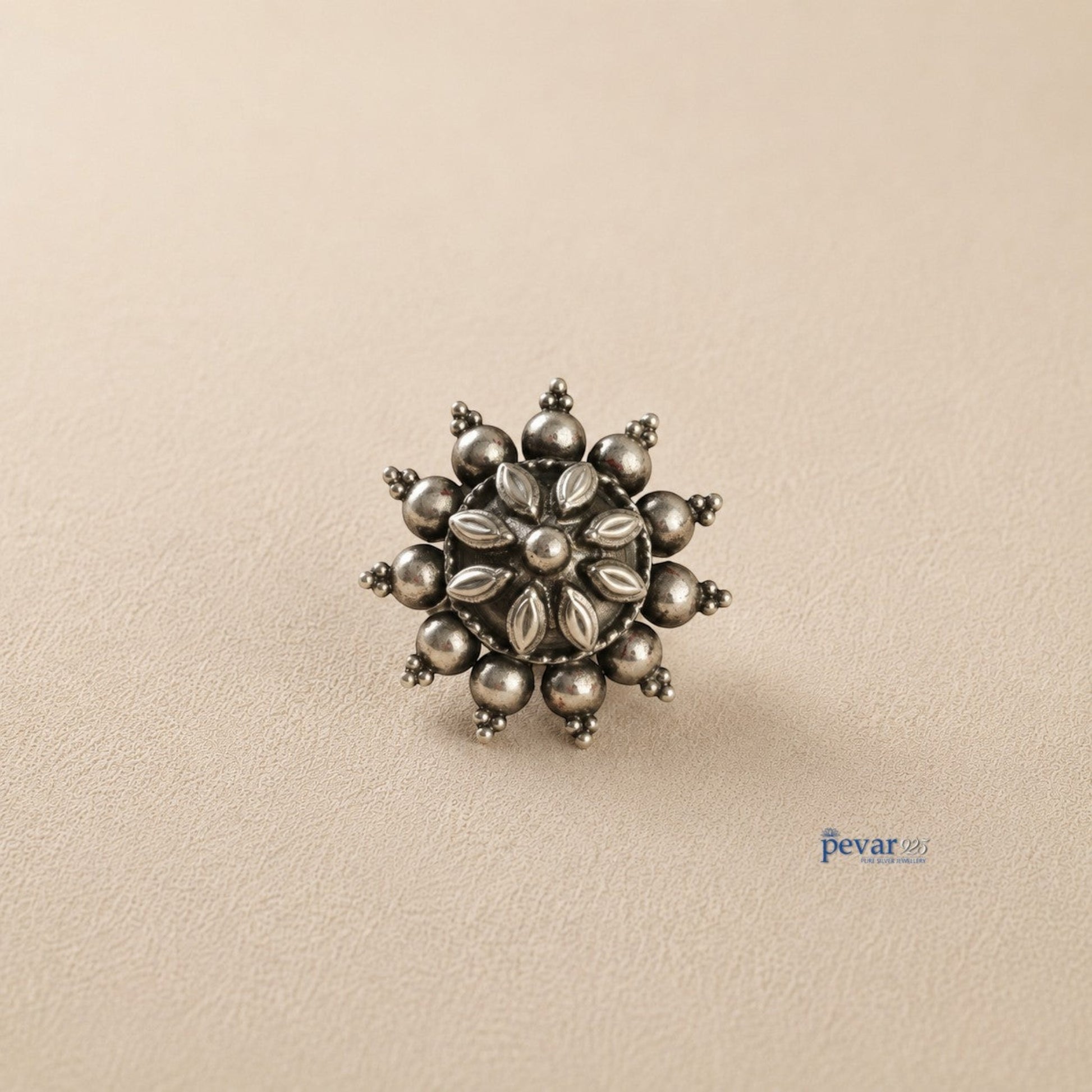 pevar925 oxidized sterling silver adjustable ring with a circular floral motif and antique bead detailing.