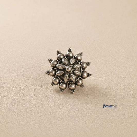 pevar925 oxidized sterling silver adjustable ring with a circular floral motif and antique bead detailing.