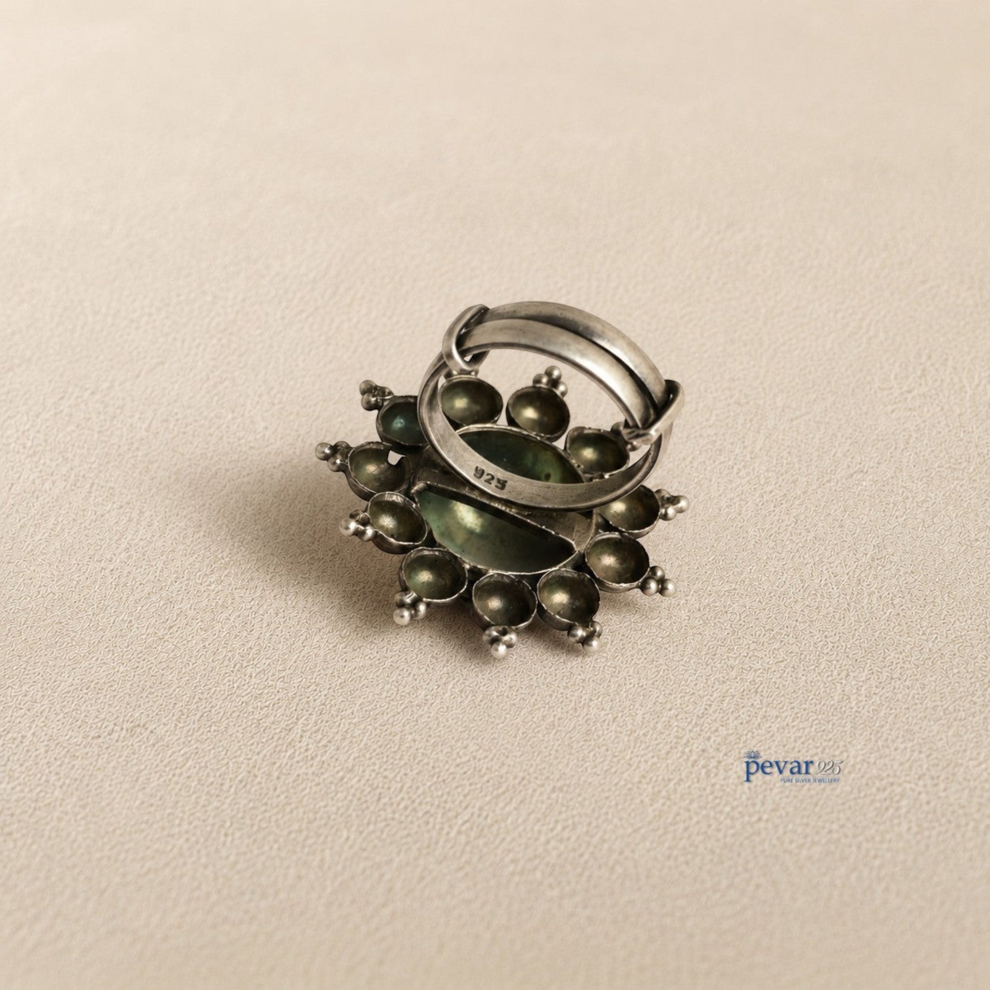 pevar925 oxidized sterling silver adjustable ring featuring a vintage floral motif with intricate bead detailing