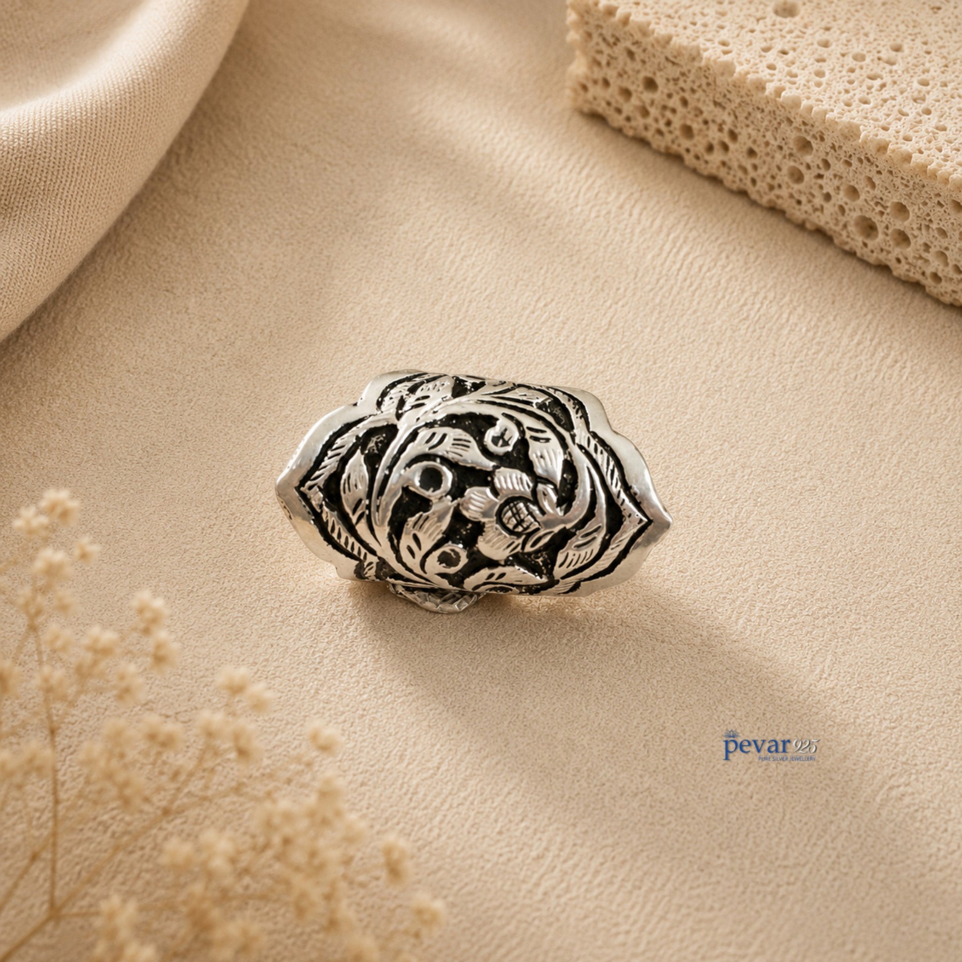 pevar925 oxidized silver adjustable ring featuring intricate traditional floral and leaf chitai engraving.