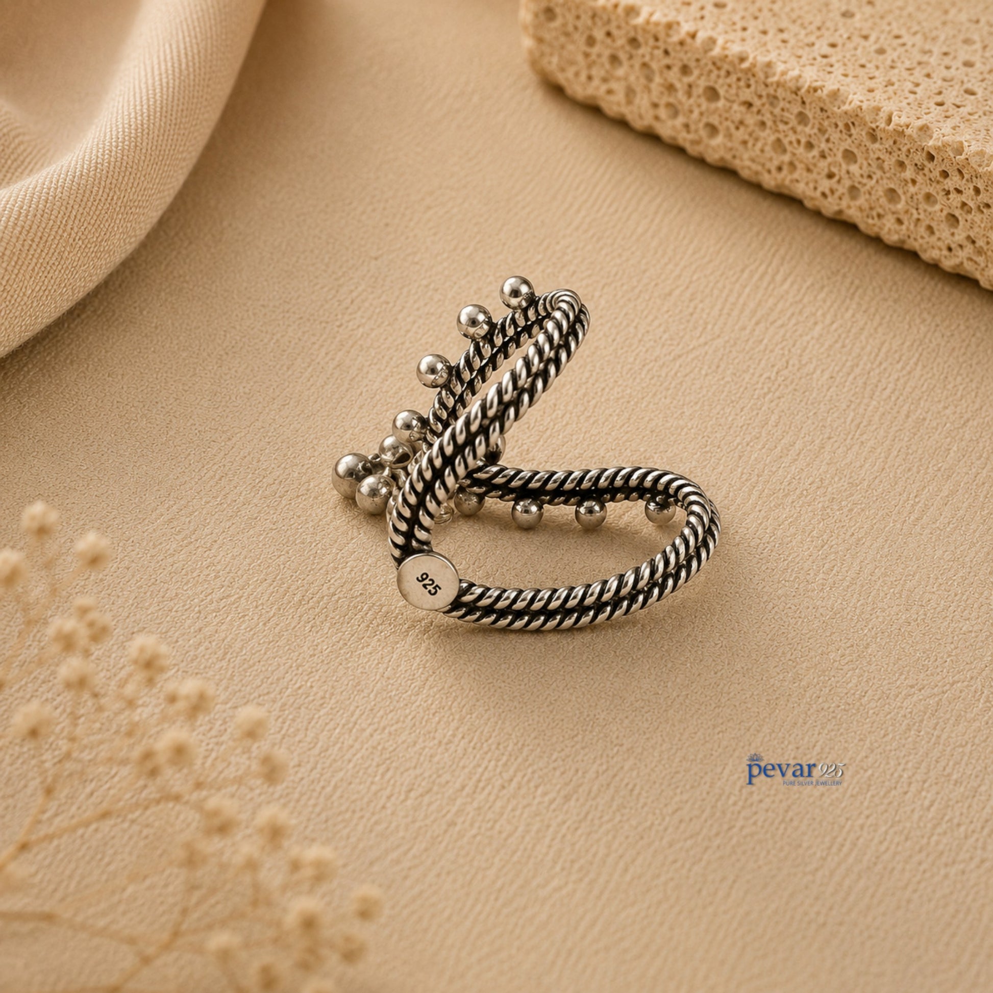 pevar925 oxidized silver V-shaped adjustable ring with twisted band and delicate ghunghroo bead accents