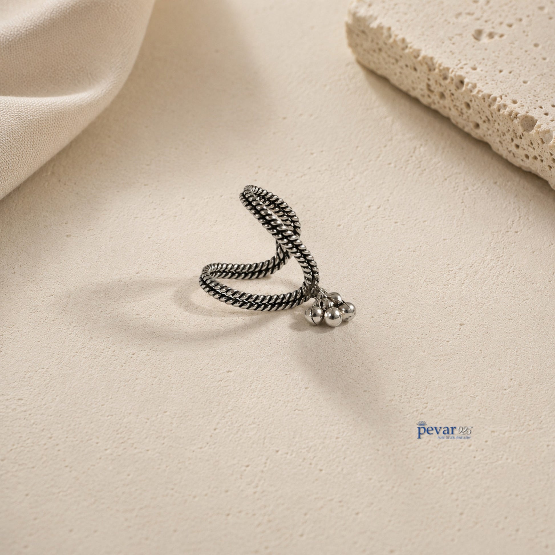 pevar925 oxidized 925 sterling silver V-shaped ring with traditional ghunghroo beads and twisted rope band design