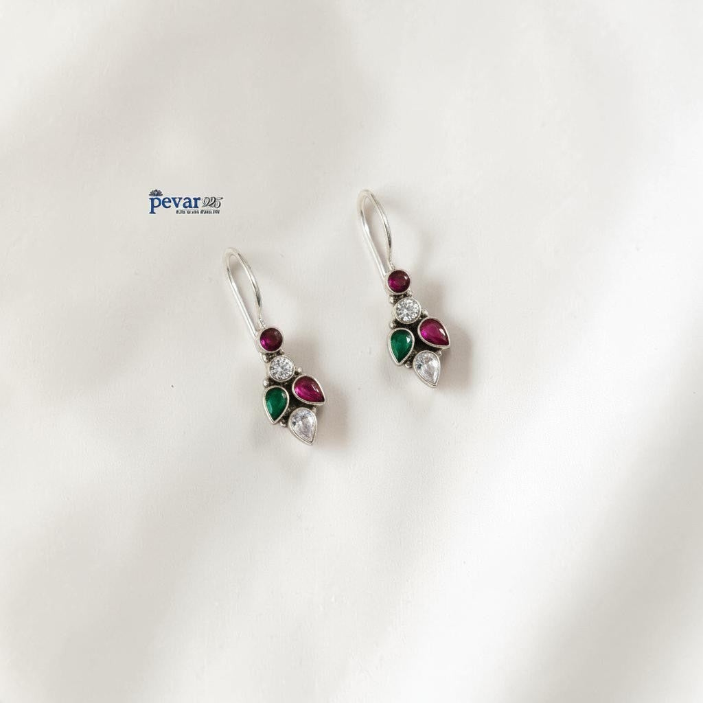 pevar925 oxidized 925 silver earrings featuring colorful leaf motifs with red, green, and clear stones