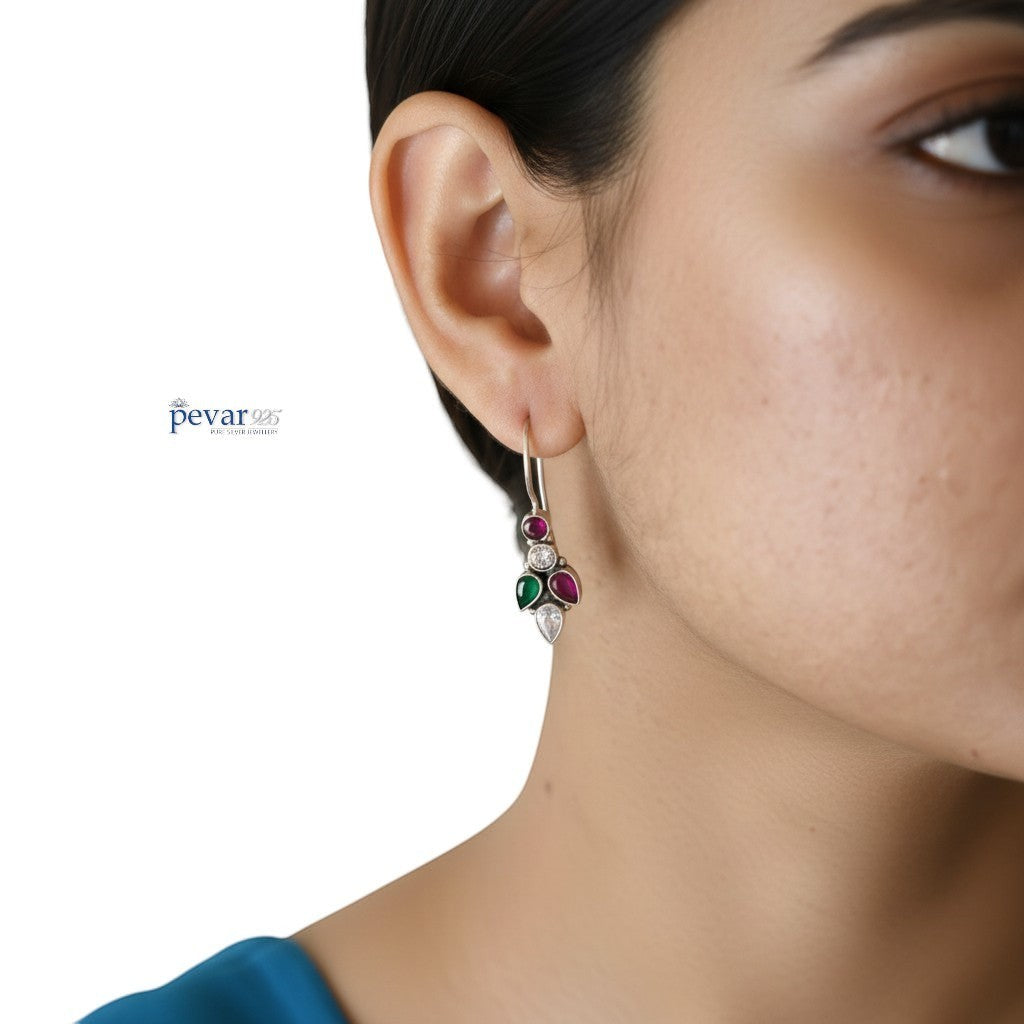 pevar925 oxidized silver drop earrings featuring colorful leaf-shaped stones worn by a woman