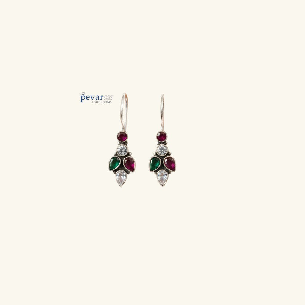 pevar925 oxidized 925 silver drop earrings featuring colorful leaf-shaped gemstones and clear stones