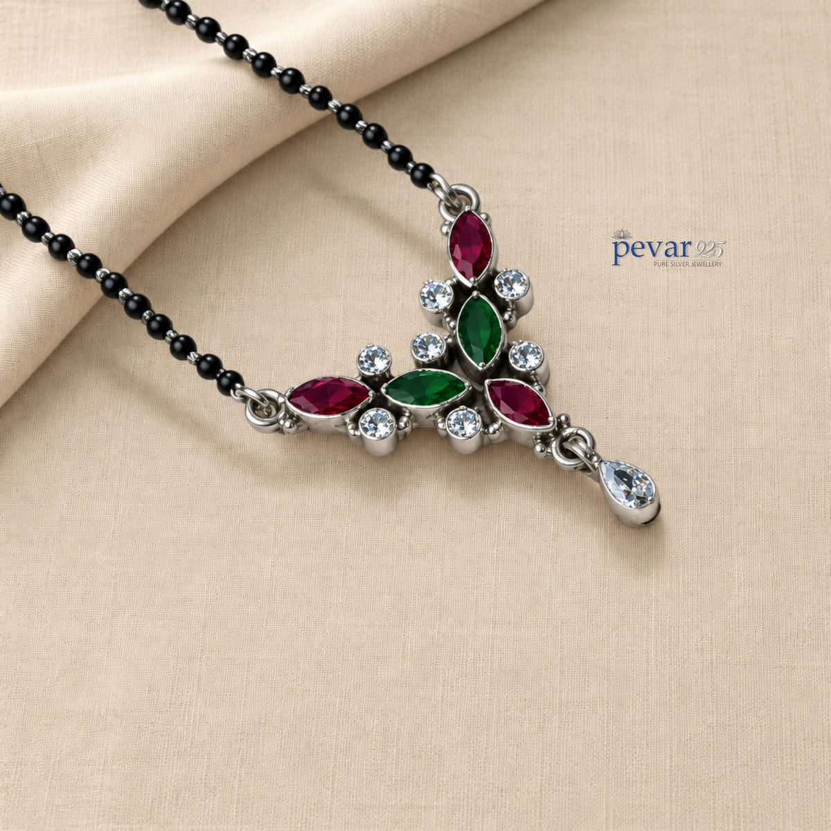 pevar925 oxidized sterling silver mangalsutra with maroon and green stone leaf motif and black bead chain