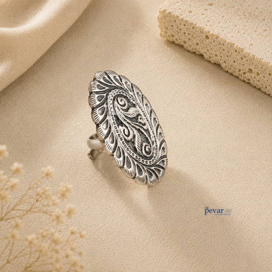 pevar925 oxidized silver adjustable ring with oval leaf motifs and intricate traditional chitai engraving
