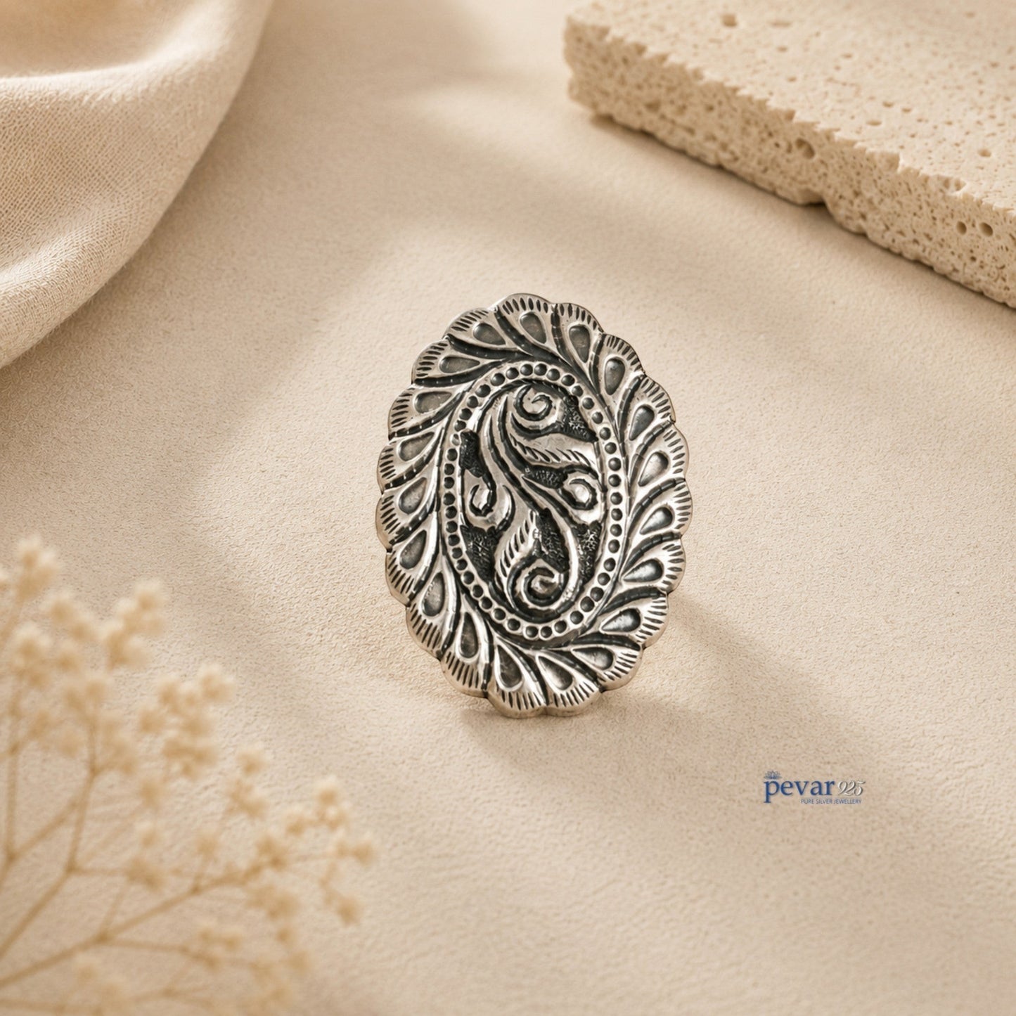 pevar925 handcrafted oxidized silver adjustable ring with oval leaf motifs and intricate chitai engraving.