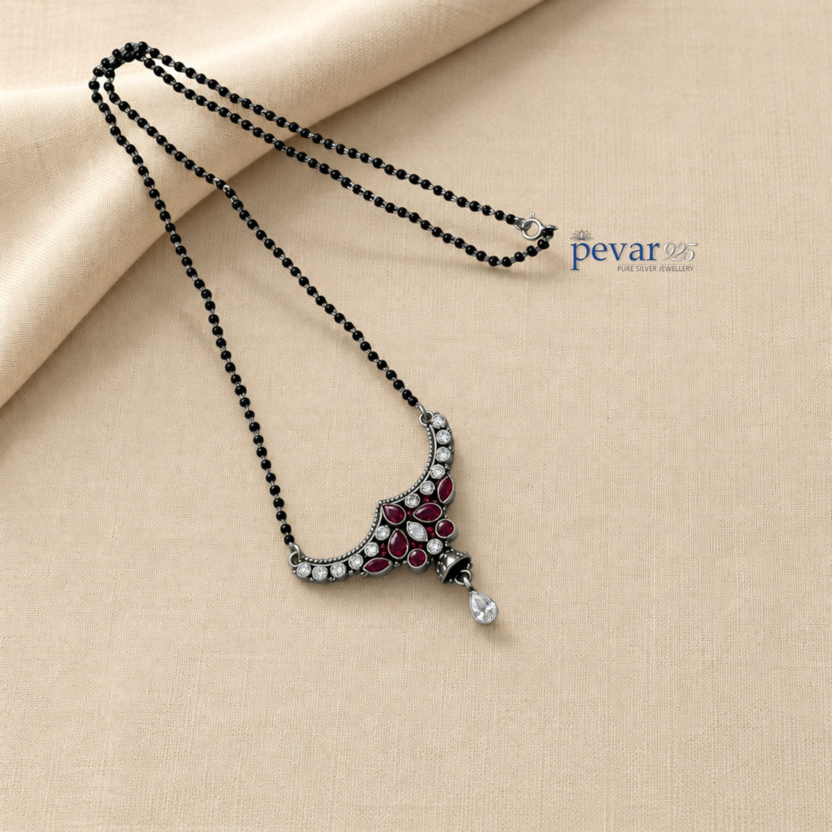 pevar925 oxidized 925 sterling silver mangalsutra with black beads, maroon stones, and a clear teardrop pendant