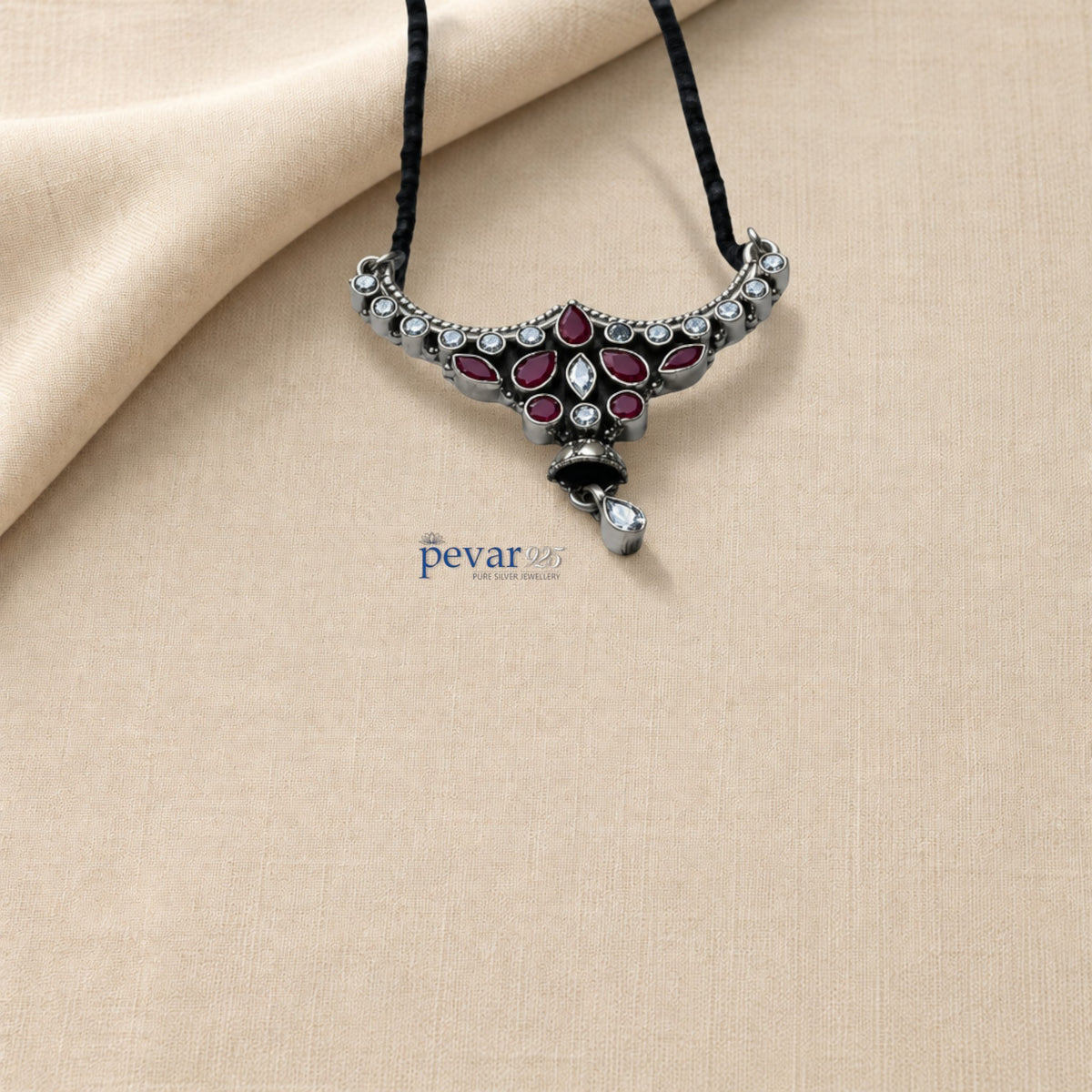 pevar925 oxidized sterling silver mangalsutra with a heritage pendant featuring maroon stones and black bead chain