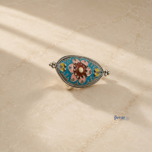pevar925 handcrafted 925 oxidized silver adjustable ring featuring a floral meenakari design with pink and turquoise enamel