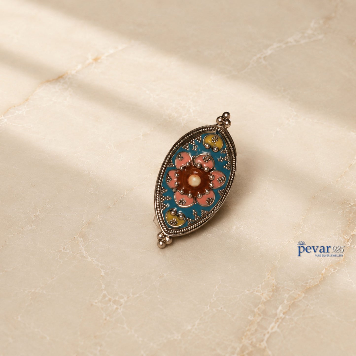 pevar925 handcrafted 925 oxidized silver adjustable ring with pink, turquoise, and gold floral meenakari enamel work.