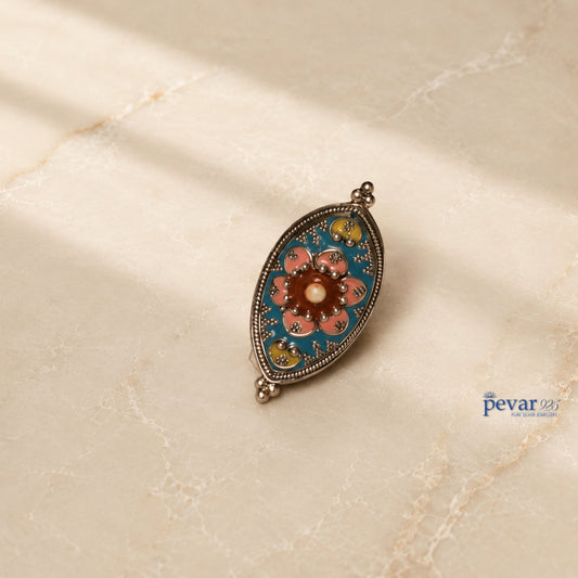 pevar925 handcrafted 925 oxidized silver adjustable ring with pink, turquoise, and gold floral meenakari enamel work.