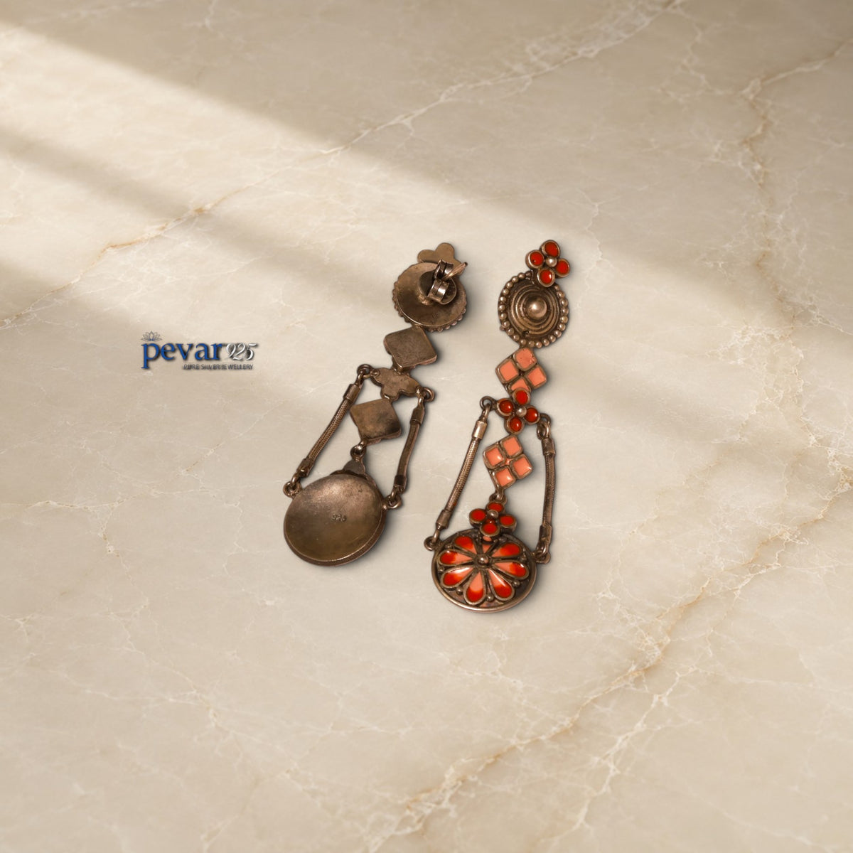 pevar925 handcrafted oxidized 925 silver earrings with red minakari floral enamel and ornate geometric drop motifs
