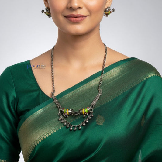 pevar925 oxidized silver necklace and earrings set featuring twin parrot motifs with colorful Minakari enamel work