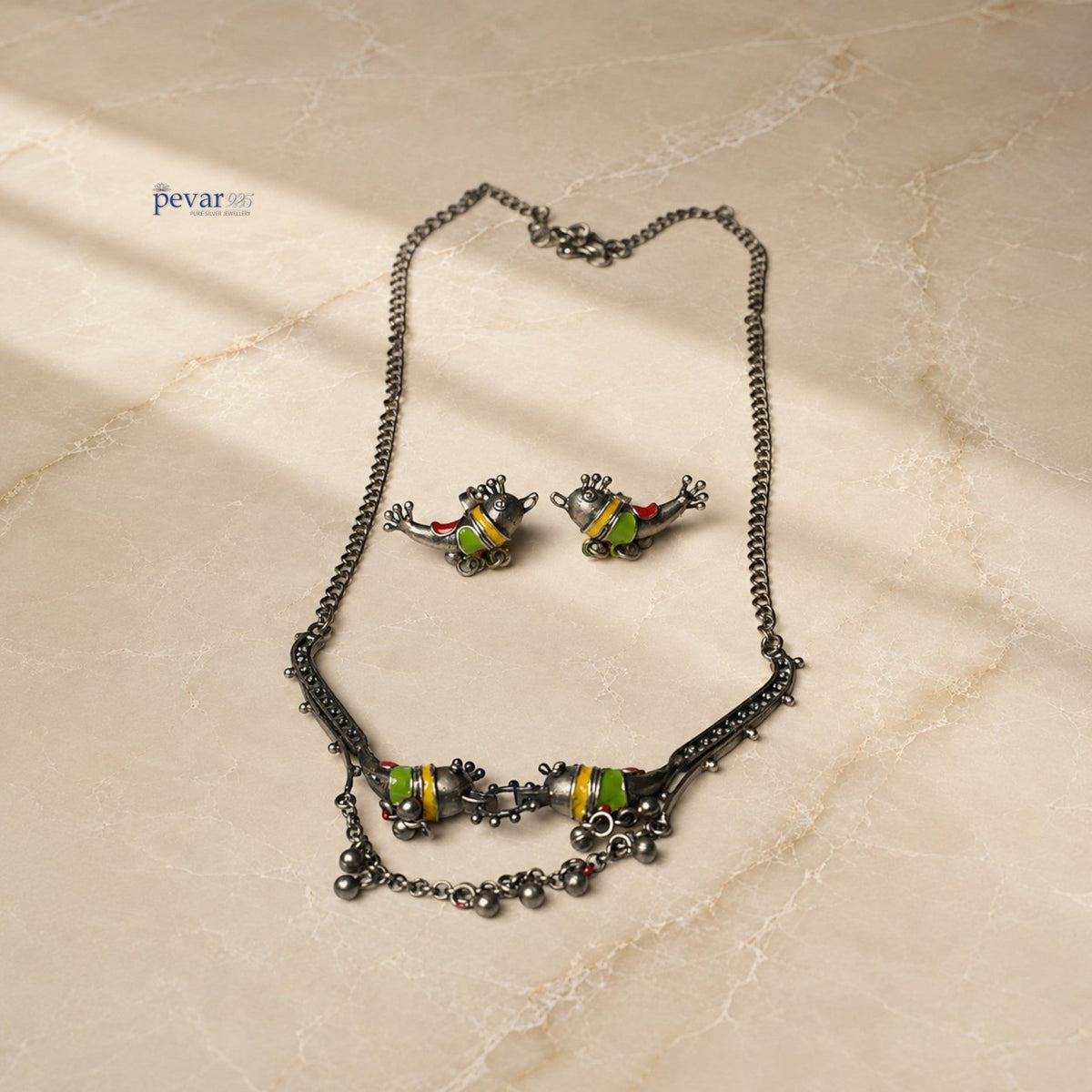 pevar925 oxidized sterling silver necklace and earring set featuring colorful parrot Minakari enamel motifs