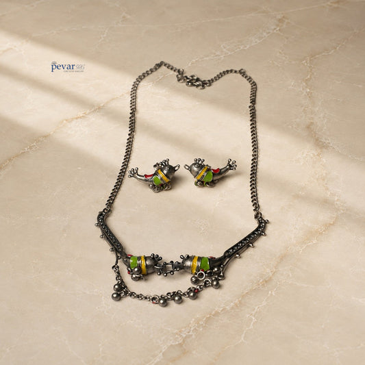 pevar925 oxidized sterling silver necklace and earring set featuring colorful parrot Minakari enamel motifs