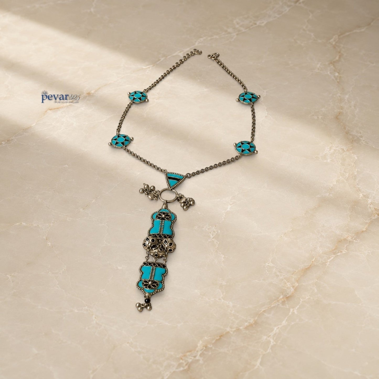 pevar925 handcrafted 925 oxidized silver necklace featuring vibrant turquoise minakari enamel and lotus bloom motifs