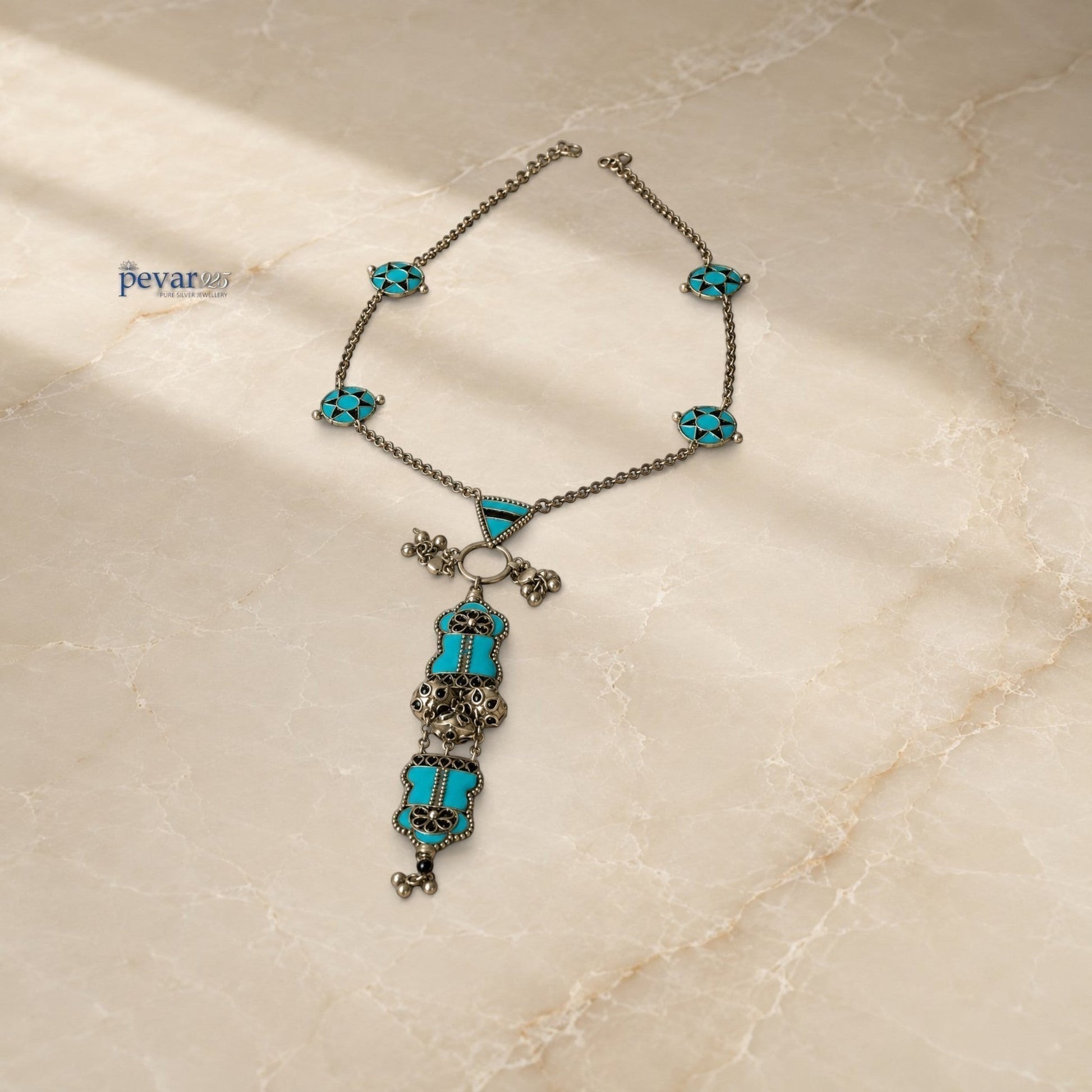 pevar925 handcrafted 925 oxidized silver necklace featuring vibrant turquoise minakari enamel and lotus bloom motifs